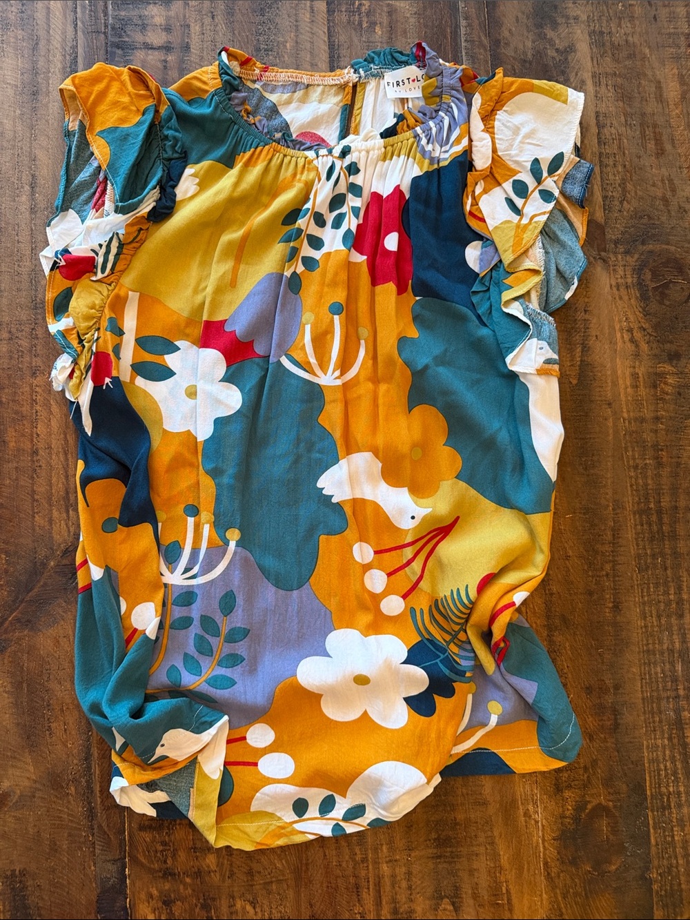 First Love Multicolor Floral Ruffle Sleeve Top - Mustard, Teal, White, Red